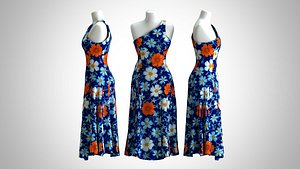 3D Woman Dress 2 Blue Orange Floral model