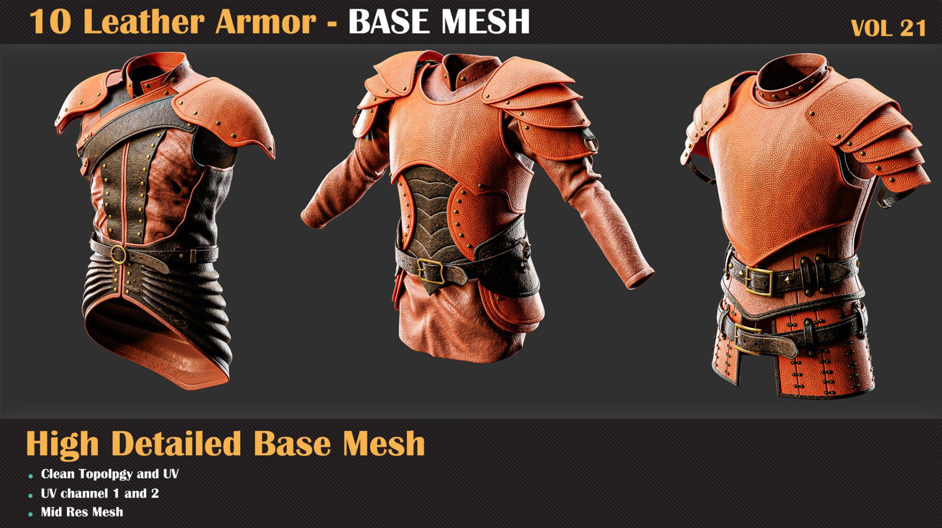 3D 10 High Detail Leather Armor BASE MESH - VOL 21 - TurboSquid 2247398