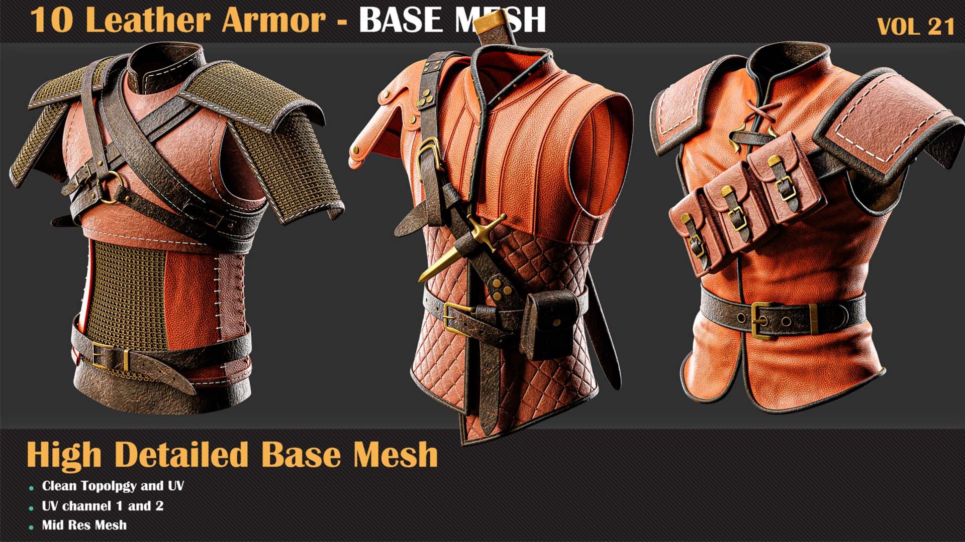 3D 10 High Detail Leather Armor BASE MESH - VOL 21 - TurboSquid 2247398