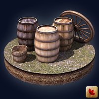 Barrels + Wooden Bucket + Cart Wheel